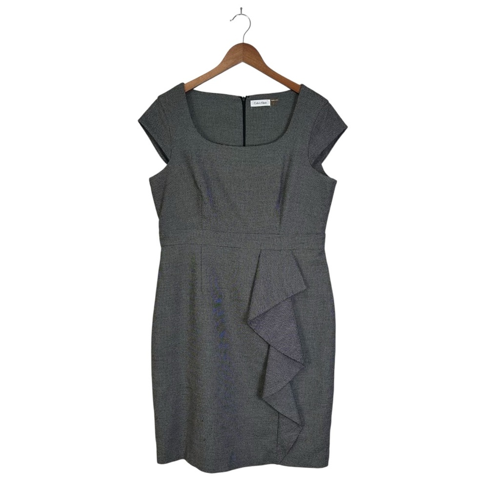 Calvin Klein Women’s Size 12 Black White Side Ruffle Cap Sleeve Sheath Dress